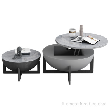 Combinazione di tavolini da caffè con alzata in legno rotondo di colore grigio